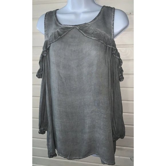NWT Entro Sz SMALL Gray Mineral Wash Ruffle Blouse Top Cold Shoulder Boho - Picture 1 of 9